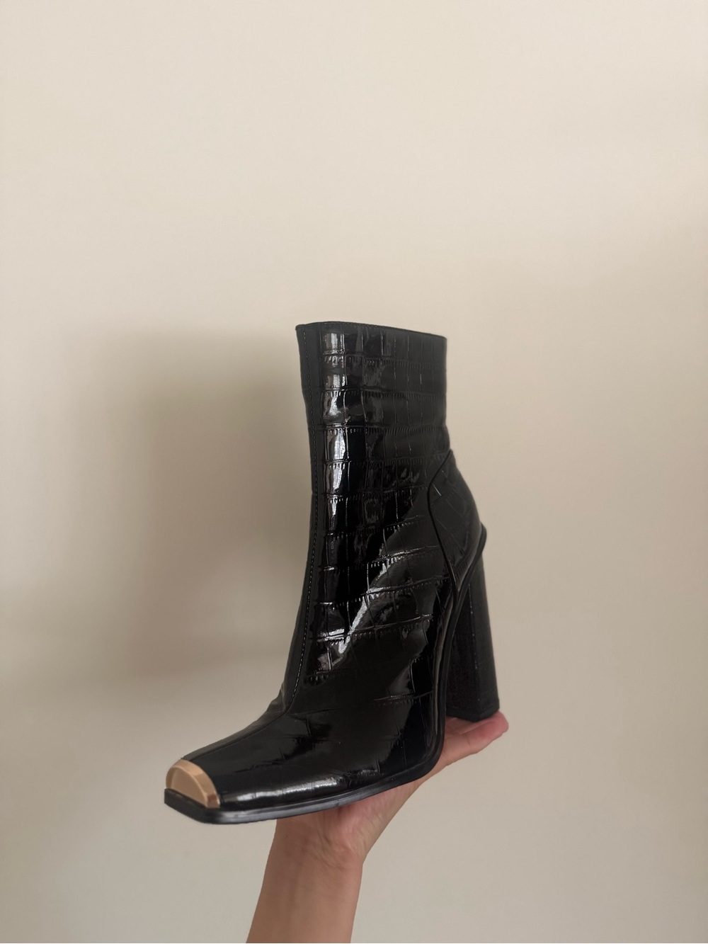 Black Croc-Texture Ankle Boot with Gold Toe Accent
